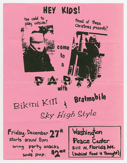 Pink flier with black text of various styles and two pictures at the top.