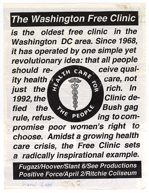 A leaflet with text about the Washington Free clinic with an illustrated caduceus ringed by the words 'HEALTH CARE FOR THE PEOPLE.'