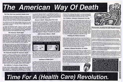 A horizontal leaflet packed with text under the heading 'The American Way of Death Time For A (Health Care) Revolution.'