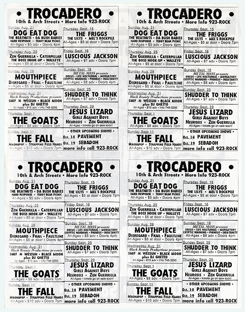 A small all-text listing of performances in bold black sans serif that is reprinted in its entirety four times.