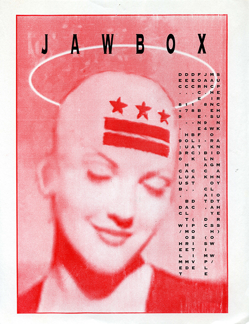 Flier with a large red toned photograph of a person with a shaved head with the emblem of the Washington, D.C. flag emblazened on their forehead and ringed by a white halo.