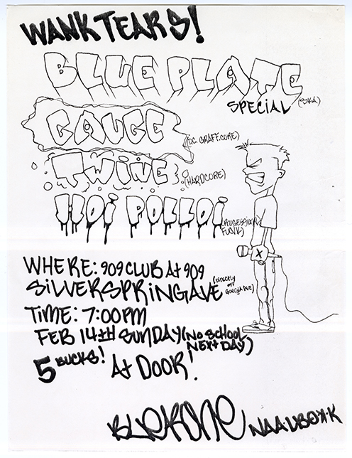 Black and white hand drawn flier in grafitti style with a grimacing cartoon character holding a microphone.