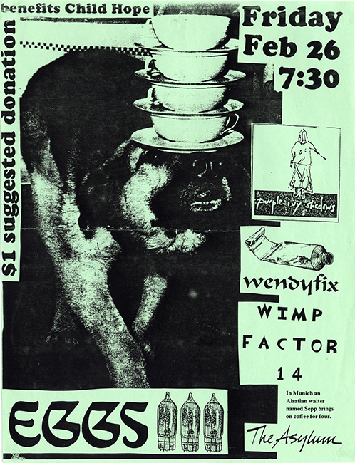 Green flier witha photograph at center of a German shepherd balancing four cups and saucers on their nose.