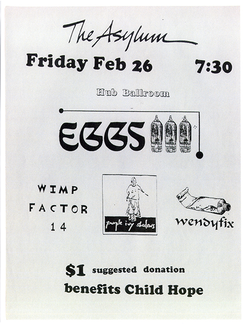 Flier with stylized text and small illustrations of three incandescent bulbs and a partially used tube of paint.