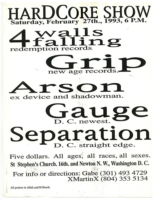 Text-only black and white flier with four bands listed under the heading 'HarDCore SHOW.'