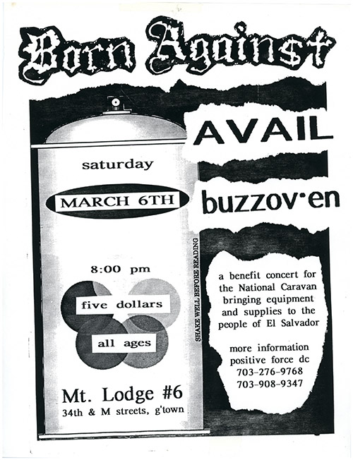 Born Against black and white flier with show information listed on an illustrated spray paint can facing forward.