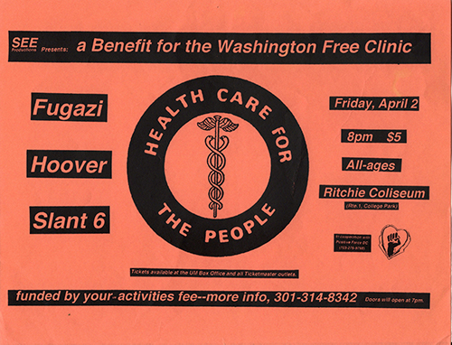 Coral colored vertical flier for a Washington Free Clinic benefit show with an illustrated caduceus ringed by the words 'HEALTH CARE FOR THE PEOPLE.'