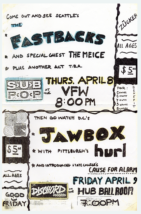 Long hand drawn flier with band names illustrated in thick black lettering highlighted in blue and yellow.