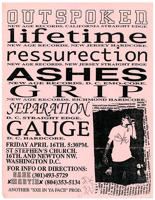 Pink flier with a photograph in the bottom corner of a singer standing holidng a microphone in a white t shirt upon which 'SXE' has been written.