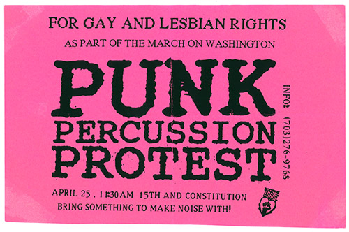 Pink horizontal flier that reads 'FOR GAY AND LESBIAN RIGHTS' in angular lettering.