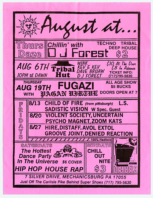 Hot pink flier with a month of performances titled 'August At' in script.