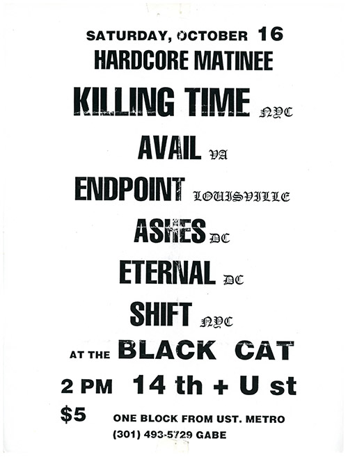 All text flier with band names printed in black in bolded capped sans serif with the city they come from in an ornate blackletter.