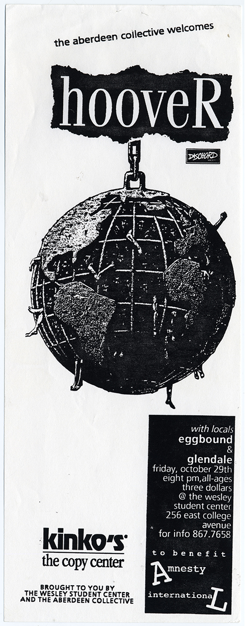 Black and white flier with a large illustration of a globe hanging from a chain with human arms and legs hanging out of it.