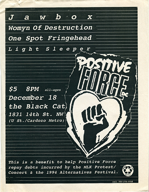 A black flier with white horizontal lines and a large illustrated raised fist within a heart under the words 'POSITIVE FORCE.'