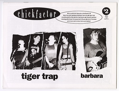 A horizonal zine-cover with black and white photos of the four members of Tiger Trap and Barbara Manning playing guitars.