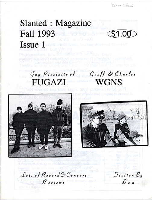 A black and white zine cover with photographs of the four members of fugazi standing in cold weather clothing and two young men seated.