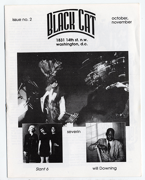 Black and white zine cover with photographs of the band severin performing, members of Slant 6 standing and Will Downing seated.