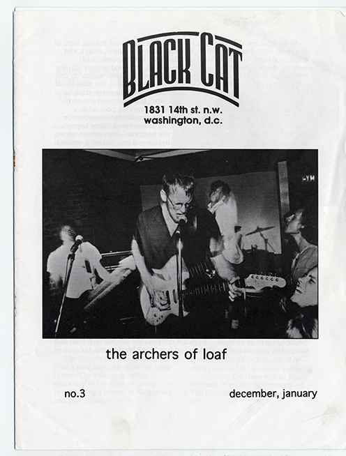 Black and white zine cover with a motion blurred photograph of members of the archers of loaf performing in front of an audience.