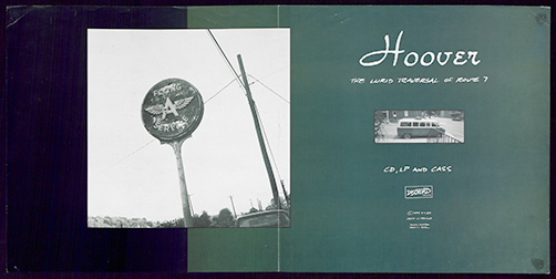 A wide black poster with a black and white photograph of a 'Flying A' service station on the oeft hand side and white hand-lettered text on the right.