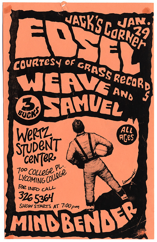 Peach-colored monochromatic black printed flier with ragged-edged hand lettering of band names and a photograph of a person in a jumpsuit holding a helmet