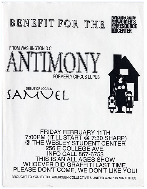 Black and white flier with band names in stylized serif text and a small illustration of a mother holding an infant standing with two children in front of a house