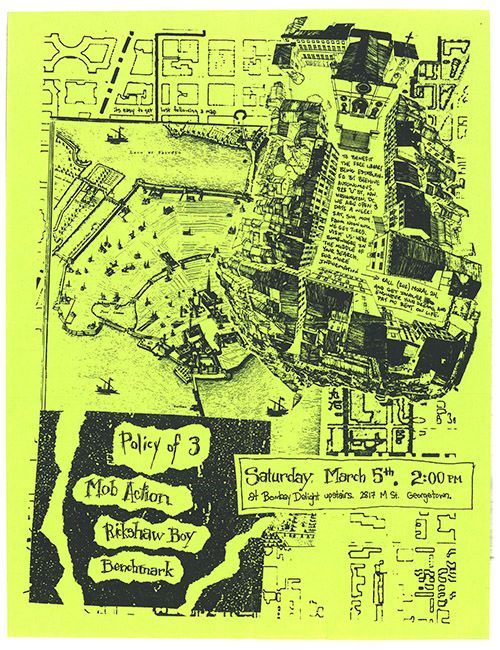 A bright yellow flier with layers of intersecting maps including an old-looking map with features labeled in Spanish, an overhead sketch of a city block, and two maps of city streets.