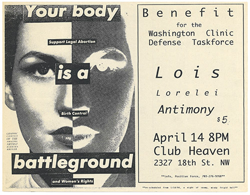 A wide black and white flier with a photograph of a woman's face on the left, split down the middle with colors reversed on one side and the words 'Your body is a battleground' printed over the face.