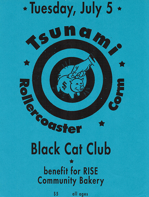 A teal flier with black text and a large illustration of a hand placing a coin into a smiling pigy bank within a bullseye ringed by band names.