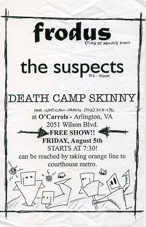 A black and white flier on crumpled paper with stylized printed band names framed by a sketched rectangle and with a series of small humanoid box-headed figures sketched at the bottom.