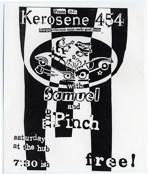 Black and white flier with band names in jagged cut-and-paste style printed across abstract shapes behind and around a small cartoon of a car accident.