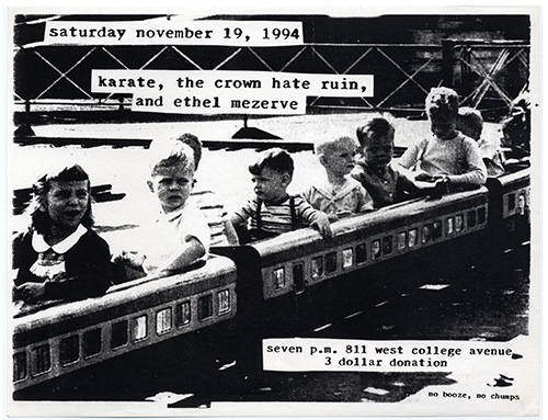 Landscape-oriented black and white flier with text in a typewriter font cut into a large photograph of toddlers riding a miniature train.