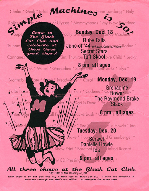 A pink flier with watermarked names of bands who have released recordings on Simple Machines records with an illustration of a cheerleader wearing a sweater with a large 'M' on the front across much of the flier.