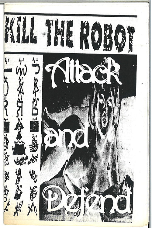 Black and white zine cover with three columns of pictograms and a large color negative photograph of a humanoid figure.