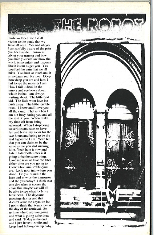 Black and white zine cover with large photograph of a person sitting on the steps of a building with two sets of ornamented double doors and a large arch.