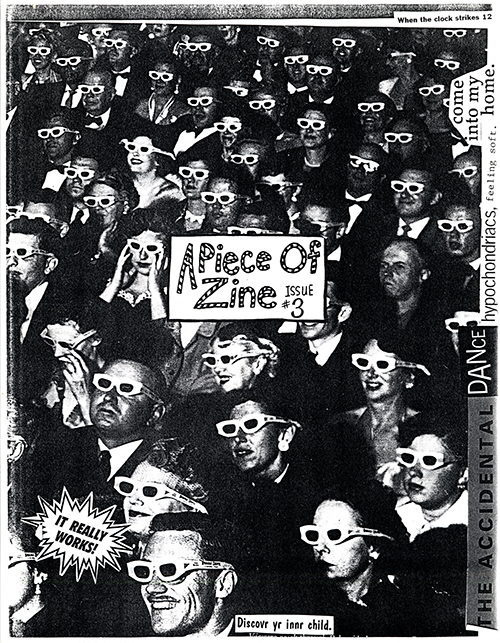 Zine cover with drawn and cut-and paste lettering imposed over a photograph of a seated audience all wearing 3D glasses.