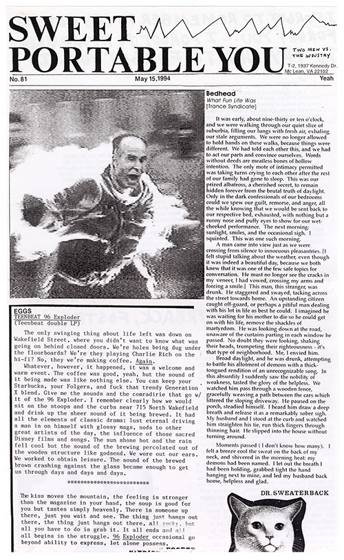 Long black and white broadside with text in serif and monospace fonts under a large photograph of a man running and yelling while engulfed in flames with a small photograph of a white cat at the bottom of the page.