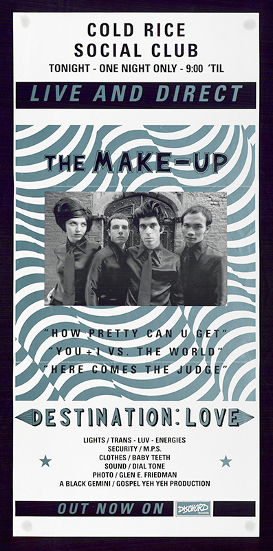 A long black and white poster with heavy use of teal-blue spot coloring with a black and white photograph of members of the Make-UP posed in matching black shirts and ties imposed on a background of fluid teal stripes.