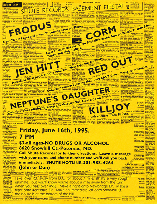 A bright yellow flier made out of a page of classified ads in a newspaper with rectangles cut out on an angle in which show information is displayed in bold black text.