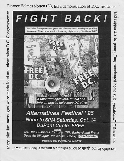 AA black and white flier with a large photograph of a group of people holding signs that read 'FREE D.C.' underneath a heading that reads 'FIGHT BACK!'