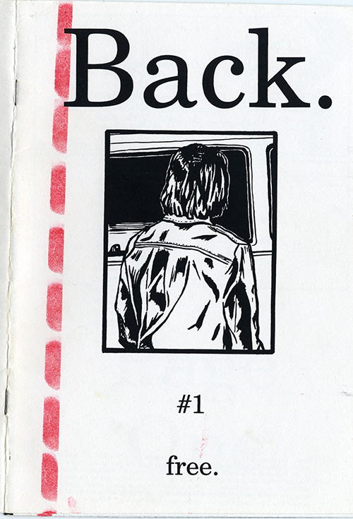 A zine cover with a dotted line in red ink next to a comic in black ink of the back of a person with shaggy hair.