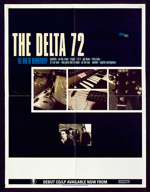 Poster with blod white type against a black background and five photographs arranged in a geometric pattern: an organ keyboard, tom-tom drums, the pickguard of an electrib bass, the headstock of a guitar, and a photo of members of the Delta 72, seated.