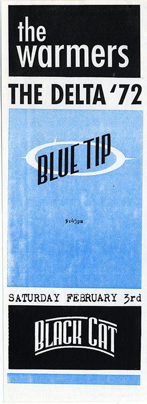 Long narrow poster with Band names displayed in bold sans serif text above a large blue rectangle with an oblique white oval behind 'Blue TIP' with the stylized arcing text logo of the Black Cat at the bottom.