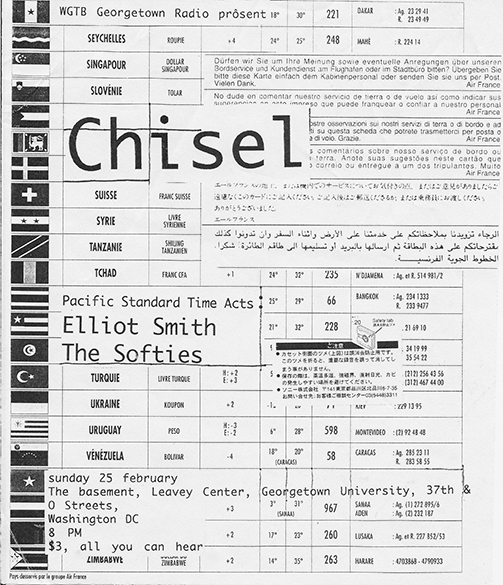 Black and white flier with band names and show information superimposed on a table of national flags and other information.