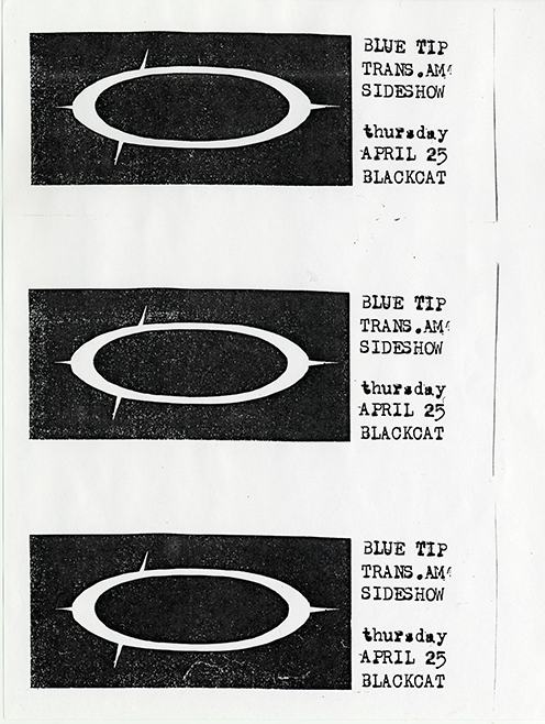 black and white flier with an oblique white oval atop a black rectangle next to rough-hewn text; the shapes and text are repeated three times.