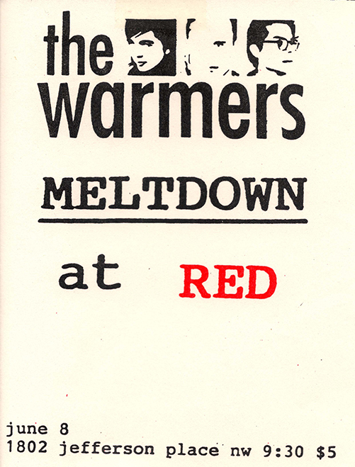 Mostly white flier with small profile photographs of members of the Warmers next to stylized text of band names, the venue, 'red' is printed in red spot-color.