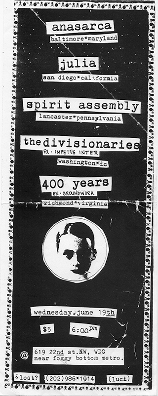 A long black and white flier surrouneded by a patterened outline with a round photograph of a child with greased hair and eyeshadow.