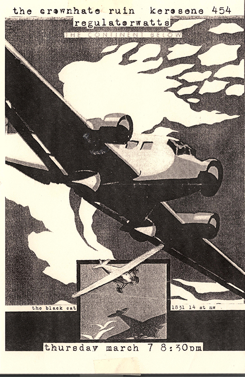 A small black and white flier with a large illustration of a tri-jet plane with show information in small typewriter-like font.