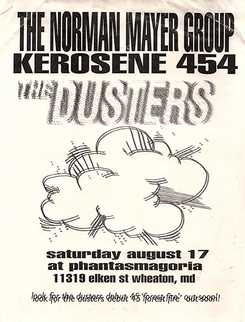 Black and white flier with bold capitalized text above a large illustrated dust cloud.