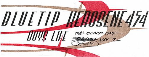 Wide, short landscape-oriented flier with band names in stylized oblique text and abstract curves of brown and red behind.