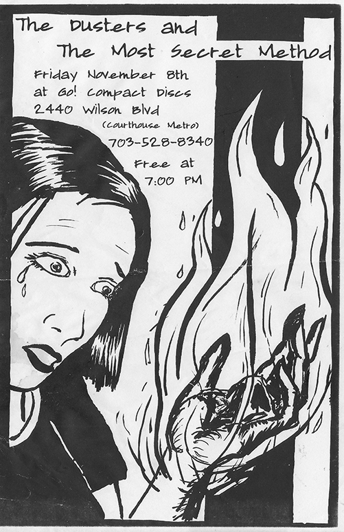 Hand-drawn and lettered black and white flier with a large illustration of a woman with bob cut looking in horror at her hand engulfed in flames.